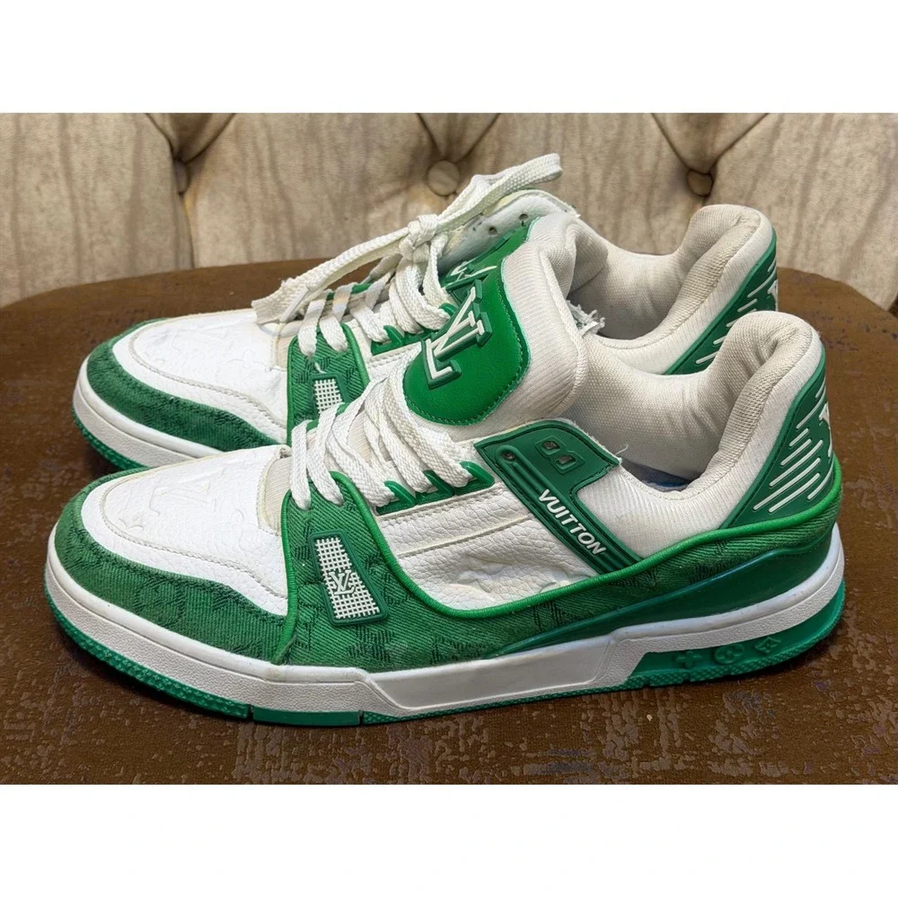 Louis Vuitton Trainer Sneaker Green White Monogram Denim Leather MS0241 Size 44